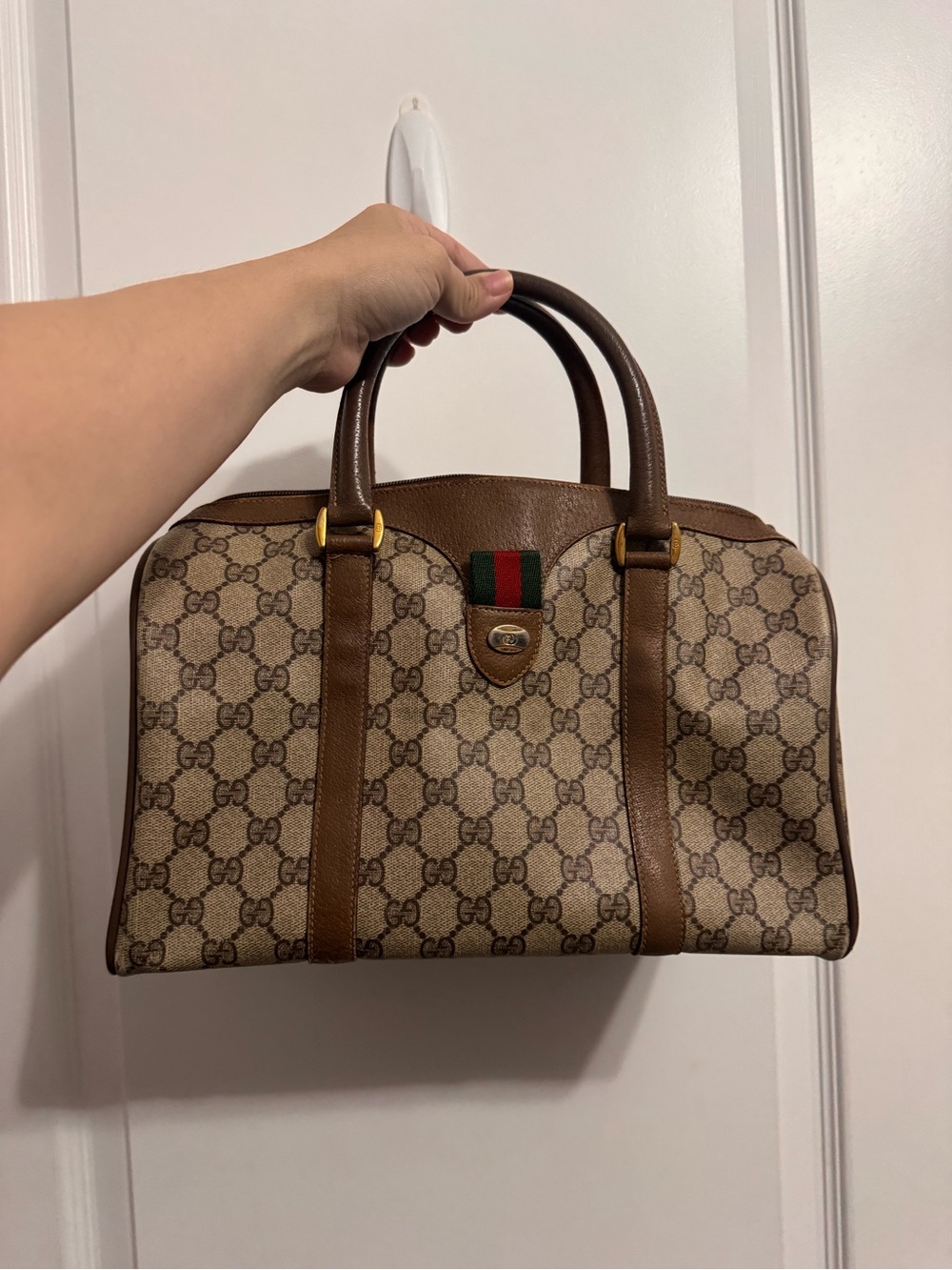 Gucci Brown GG Canvas Top-Handle Bag with Green-Red Web Accent